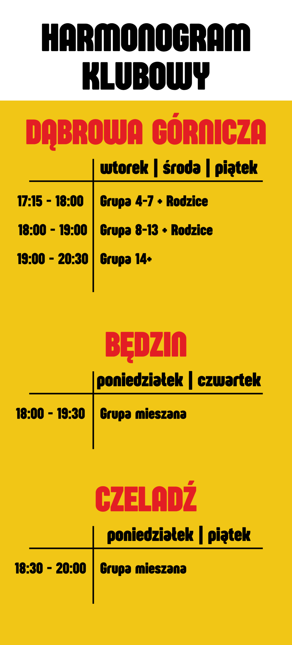 Harmonogram treningów KS Capoeira w Dąbrowie Górniczej, Będzinie i Czeladzi
