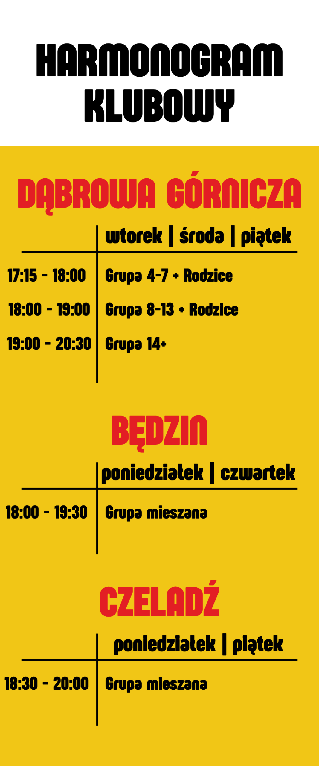 Harmonogram treningów KS Capoeira w Dąbrowie Górniczej, Będzinie i Czeladzi